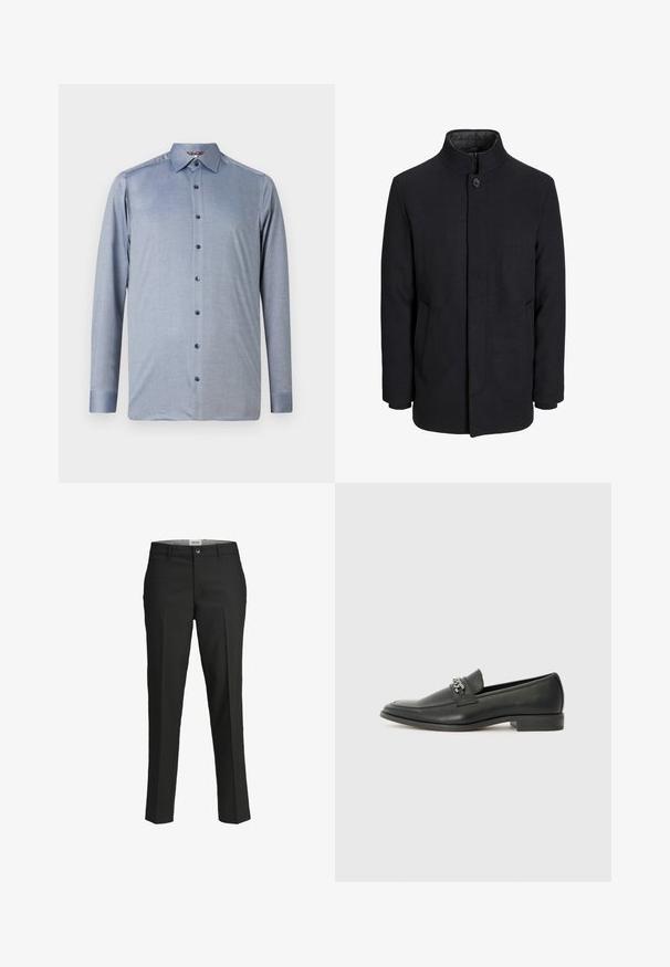 Meeste must villane mantel kõrge kraega, peidetud tõmblukk, ühe nööbiga kinnitamine ja küljetaskud.; Heled käised ja nupudega särk helesinisest tekstuuriga kangast. Omab klassikalist kraed ja tumedaid siniseid nuppe ees.; Mustad püksid, kohandatud lõige, sile kangas, keskmise kõrgusega vöökoht, ees nupuga sulgemine, diagonaalsed taskud ja voldid jalgade all.; Must haveate nahkking punased, millel on sile viimistlus, tikitud muster ja dekoratiivne metallkett vampi üle. Tasane konts.