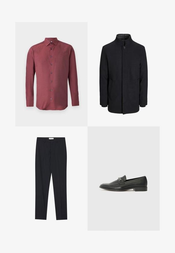 Herren schwarzer Wollmantel mit hohem Kragen, verdecktem Reißverschluss, einreihigem Knopfverschluss und Seitentaschen.; Langarm-Button-Down-Hemd aus burgunderfarbenem Stoff mit strukturiertem Muster und dunkelblauen Knöpfen; verfügt über einen spitzen Kragen und einen geraden Saum.; Schwarze maßgeschneiderte Hose mit flachem Vorderteil, normaler Passform, aus glattem Stoff, mit gebügelten Falten und Seitentaschen.; Schwarzer Lederloafer mit glatter Oberfläche, ausgestattet mit einer gesteppten Gestaltung und einem dekorativen Metallkettendetail über dem Vorderblatt. Flacher Absatz.