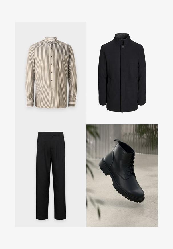 Zwart wollen mannenjas met hoge kraag, verborgen rits, sluiting met één knop en zijzakken.; Gestreept overhemd in bruin en wit, lange mouwen, klassieke kraag, met verticale strepen en contrasterende manchetdetails.; Zwarte broeken van gladde stof, met een recht model, twee voorknikken en een standaard tailleband met riemlussen.; Zwarte leren enkelboots met een ronde neus, vetersluiting en robuuste rubberen zool. Gladde textuur met een bevestigingslus aan de achterkant.