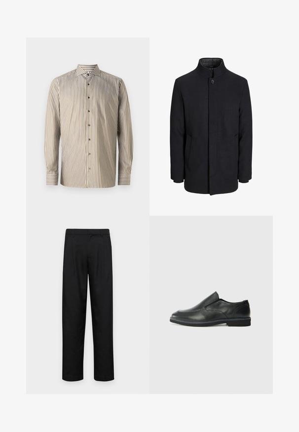 Herren schwarzer Wollmantel mit hohem Kragen, verdecktem Reißverschluss, einreihigem Knopfverschluss und Seitentaschen.; Gestreifte Hemdjacke in Braun und Weiß, lange Ärmel, klassischer Kragen, mit vertikalen Streifen und kontrastierenden Ärmelabschlüssen.; Schwarze Hose aus glattem Stoff, mit geradem Bein Design, zwei vorderen Falten und einem Standardbund mit Gürtelschlaufen.; Schwarze Leder-Slipper mit glattem Obermaterial, gesteppten Akzenten, runder Zehenpartie und niedrigem Gummiabsatz. Die Sohle hat ein minimales Profil.