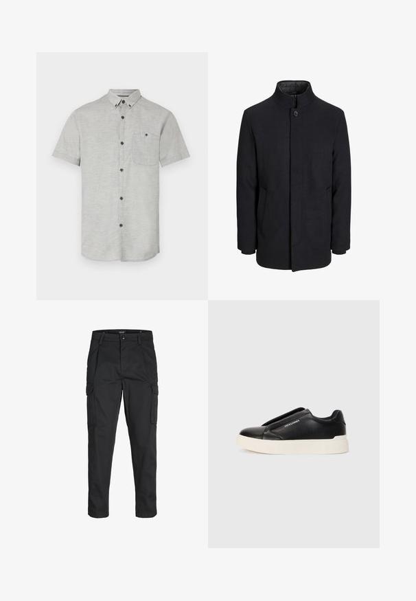 Manteau en laine noir pour homme avec col haut, fermeture éclair dissimulée, fermeture à un bouton et poches latérales.; Chemise à manches courtes en tissu gris clair, dotée d'une poche poitrine et de boutons foncés pour le contraste. Texture lisse avec un motif subtil.; Pantalons cargo noirs en tissu résistant, dotés de plusieurs poches, d'une fermeture par bouton et d'une coupe slim avec des jambes fuselées.; Baskets noires à enfiler avec un dessus en cuir texturé, semelle en caoutchouc blanche et sans lacets visibles. Présente le logo de la marque sur le côté.