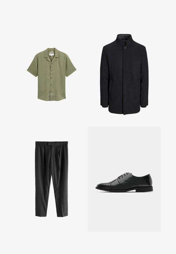 Miestenský čierny vlnený kabát s vysokým golierom, skrytým zipsom, jedným gombíkom na zapínanie a bočnými vreckami.; Lyhythihainen napillinen paita oliivinvihreänä, valmistettu kevyestä kankaasta, jossa on terävä kaulus ja hieno tekstuuri. Varustettu tummilla napilla.; Next REGULAR FIT -CHECK SMART - Chinot - black; Musta nahkakengät, joissa on pyöristetty varvas, nauhakiinnitys, hienovaraiset ompeluyksityiskohdat ja matala korko. Sujuva pinta kiillotetulla viimeistelyllä.