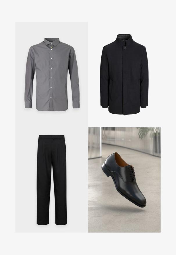 Herren schwarzer Wollmantel mit hohem Kragen, verdecktem Reißverschluss, einreihigem Knopfverschluss und Seitentaschen.; Graues Langarmhemd aus Baumwollmischung, mit klassischem Kragen, knöpfbarem Vorderteil und glänzenden weißen Knöpfen entlang der Knopfleiste.; Schwarze Hose aus glattem Stoff, mit geradem Bein Design, zwei vorderen Falten und einem Standardbund mit Gürtelschlaufen.; Schwarze Lederschuhe mit glatter Oberfläche, spitzer Zehenform und Schnürdesign. Verfügt über eine dezente Naht entlang der Sohle.