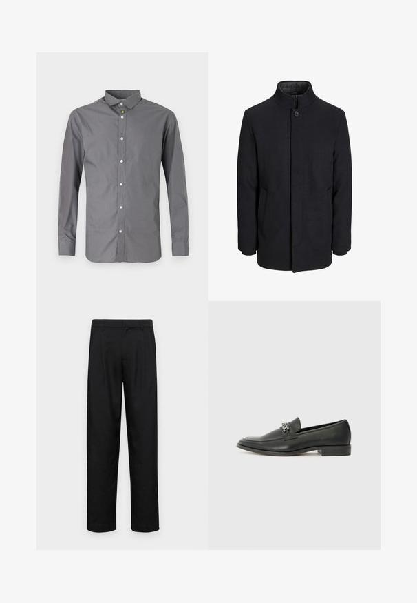 Moška črna volnena jakna z višjim ovratnikom, skritim zadrgo, enojnim gumbom za zapiranje in stranskimi žepi.; Siva dolgi rokav majica iz mešanice bombaža, z klasičnim ovratnikom, gumbom spredaj in sijočimi belimi gumbi ob zapenjanju.; Črne hlače iz gladkega materiala, s krojem ravne noge, dvema sprednjima pregiboma in standardnim pasom z zankami za pas.; Črni usnjeni loafer z gladko površino, ki ima šivano zasnovo in dekorativni kovinski verižni naglas preko vampirja. Ravno peto.