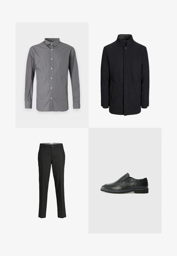 Cappotto da uomo in lana nera con colletto alto, zip nascosta, chiusura a un bottone e tasche laterali.; Maglietta grigia a maniche lunghe in misto cotone, con colletto classico, chiusura a bottoni e bottoni bianchi lucidi lungo la pattina.; Pantaloni neri, vestibilità sartoriale, tessuto liscio, vita media, chiusura con bottone frontale, tasche diagonali e dettagli di piega lungo le gambe.; Scarpa nera in pelle con inserto scivolare, superiore liscio, dettagli cuciti, punta arrotondata e tacco in gomma basso. La suola presenta un battistrada minimale.