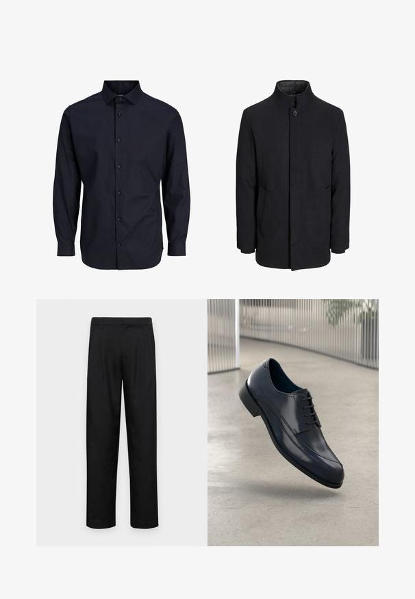 Meeste must villane mantel kõrge kraega, peidetud tõmblukk, ühe nööbiga kinnitamine ja küljetaskud.; Tume sinine nööpidega särk pikkade varrukatega, tavalise kraega, esikanga, sileda tekstuuri ja ühe nööbiga mansettidega.; Mustad mustadest riietest, millel on sirge jalgade disain, kaks eesmist voltimist ja tavaline vöökoht, millel on vöökohad.; Läike must nahkne king, millel on paelad, hõljuv siledate heledate halli põranda kohal ning taustal vertikaalsed metallist vardad.