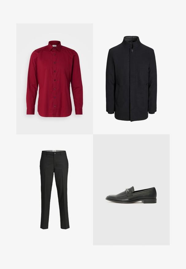 Manteau en laine noir pour homme avec col haut, fermeture éclair dissimulée, fermeture à un bouton et poches latérales.; OLYMP Level Five Chemise classique - dunkelrot; Pantalon noir, coupe ajustée, tissu lisse, taille mi-haute, fermeture à bouton à l'avant, poches en biais, et détails de pli sur les jambes.; Mocassin en cuir noir avec une finition lisse, présentant un design cousu et une accent décoratif en chaîne métallique sur le rand. Talon plat.