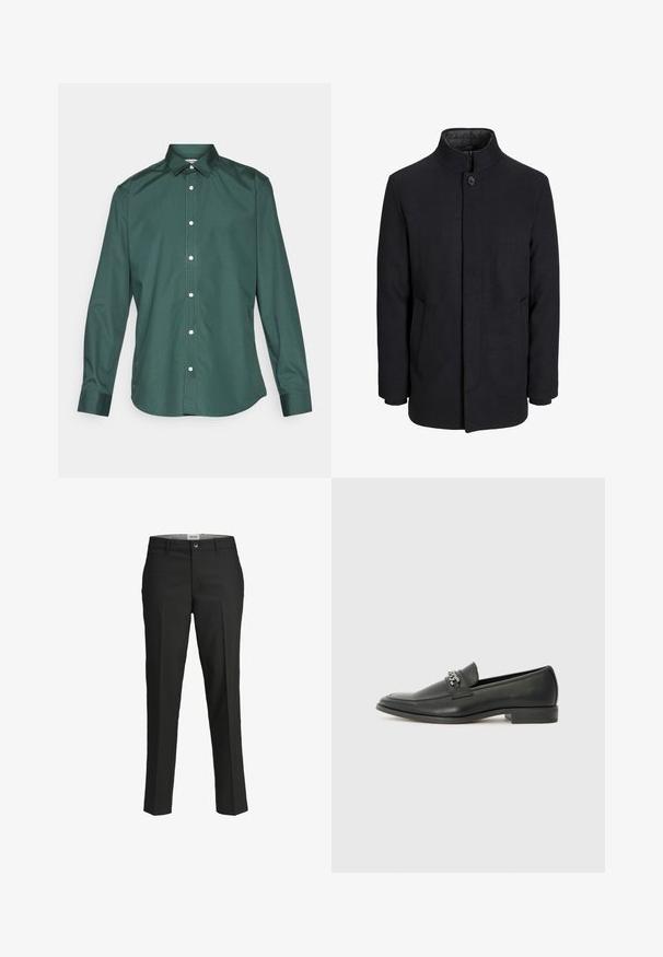 Svart ullrock för män med hög krage, dold dragkedja, singel knappstängning och sidofickor.; Grön knäppt skjorta i slätt tyg, med klassisk krage, långa ärmar och vita knappar fram. Ingen mönstring.; Svarta byxor, skräddarsydd passform, slätt tyg, medelhög midja, framknäppning, diagonala fickor och veckdetaljering längs benen.; Svart läderloafers med en slät yta, med en sydd design och en dekorativ metallkedjeaccent över västen. Platt häldesign.