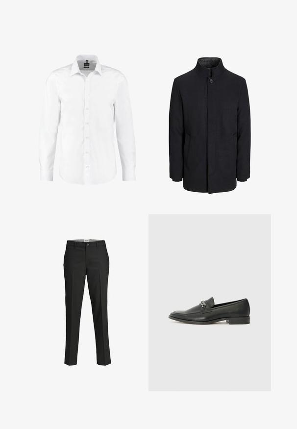 Pánsky čierny vlnový kabát s vysokým golierom, skrytým zipsom, jedným gombíkom a bočnými vreckami.; Biela košeľa s dlhým rukávom vyrobená z hladkej látky, s klasickým golierom, gombíkovým zapínaním a manžetami s jedným gombíkom. Bez vzorov alebo akcentov.; Čierne nohavice, strih na mieru, hladká tkanina, stredne vysoký pás, predné zapínanie na gombík, diagonálne vrecká a plisovanie pozdĺž nohavíc.; Čierne kožené loafers s hladkým povrchom, s prešitým dizajnom a dekoratívnym kovovým reťazovým akcentom cez priehlavok. Plochý podpätok.