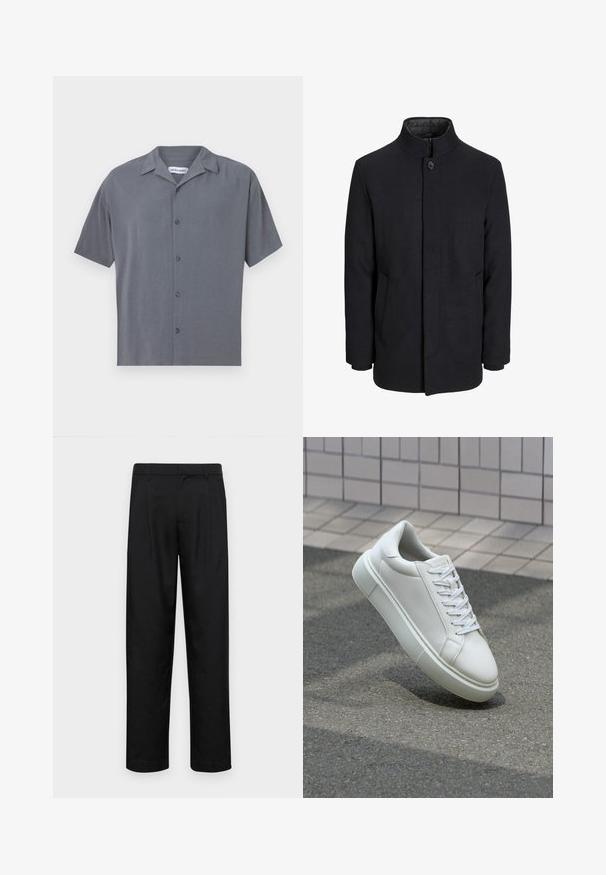 Men's svart ullfrakk med høy krage, skjult glidelås, en knapp lukking og sidelommer.; Kortermet, knappeopp skjorte i mørkegrått, laget av glatt stoff. Har krage med spredning og seks frontknapper. Minimalistisk design.; Sorte bukser laget av glatt stoff, med rette ben, to frontfoldninger og standard liv med beltehemper.; Hvit lær sneaker med glatt overflate, rund tå og flate hvite snøringer. Har en teksturert gummisåle og minimale design elementer.