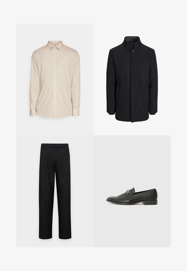 Vyriškas juodas vilnonis paltas su aukštu apykakle, užslėptu užtrauktuku, vienu užsegimu ir šoninėmis kišenėmis.; Bežinė ilgomis rankovėmis mygtukinė marškiniai su apykakle, tiesaus kirpimo ir glotnaus paviršiaus. Priekyje yra baltų mygtukų.; Juodi kelnių modeliai, pagaminti iš lygios medžiagos, turi tiesią kojas, du priekiniai klostės ir standartinę juosmenį su diržo kilpomis.; Juodos odinės loafer tipo bateliai su lygiu paviršiumi, turintys siuvinėtą dizainą ir dekoratyvų metalo grandinėlės akcentą ant batų viršaus. Plokščias kulnas.