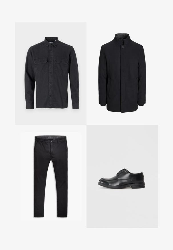 Herre sort uldfrakke med høj krave, skjult lynlås, enkelt knaplukning og sidelommer.; Langærmet, mørkegrå knap-up skjorte lavet af bomuldsblanding, med to brystlommer og klassisk krave-design.; Sorte bomulds-chinos med tapered fit, der har fem lommer, bæltestropper og en glat texure. Lynlås med knaplukning.; Sorte læder snøre-sko med rund tå, glat tekstur og lav hæl. Har syninger langs overdelen og siderne.