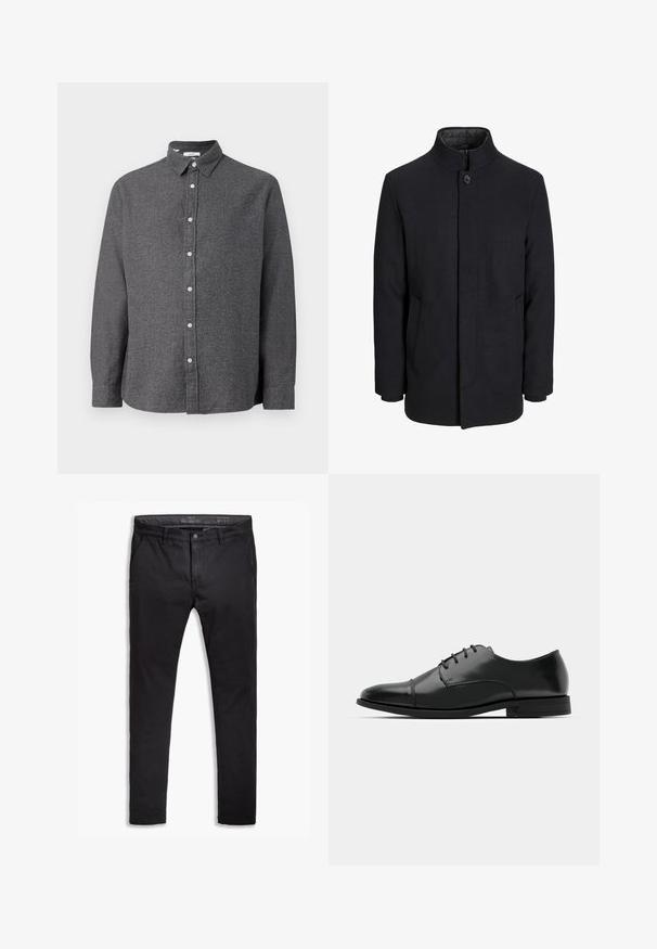 Moška črna volnena jakna z višjim ovratnikom, skritim zadrgo, enojnim gumbom za zapiranje in stranskimi žepi.; Siv srajc s kratkimi rokavi z teksturirano tkanino, ovratnikom, dolgimi rokavi in bež gumbi spredaj. Ravna obroba na dnu.; Črne bombažne chinos hlače s ozkim krojem, ki imajo pet žepov, pasne zanke in gladko teksturo. Zadrga in gumb za zapiranje.; Črne usnjene moške čevlje z zaobljenim nosom, s sistemom vezalk, diskretnimi šivi in nizkih petah. Gladka tekstura s sijočim zaključkom.