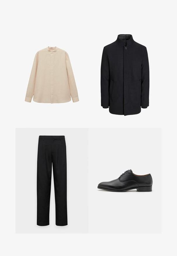 Palton negru din lână pentru bărbați, cu guler înalt, fermoar ascuns, închidere cu un singur buton și buzunare laterale.; Cămașă lungă bej deschis, cu guler de tip bandă, închidere cu nasturi și croiala dreaptă. Textură moale a țesăturii, potrivire lejeră și fără modele vizibile.; Pantaloni negri dintr-un material neted, cu un design drept, două pliuri frontale și un tiv standard cu bucle pentru curea.; Pantofii din piele neagră, cu un finisaj neted, vârf ascuțit și design cu șase orificii pentru șireturi, având un toc mic și accente subtile de cusătură.