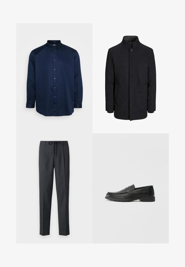 Vīriešu melns vilnas mētelis ar augstu apkakli, slēptu rāvējslēdžu, vienu pogu aizdari un sānu kabatām.; Tums zila pogu krekls, izgatavots no gludas auduma, ar klasisku apvalku, garām piedurknēm un priekšējo pogu slieksni ar atbilstošām pogām.; Pielāgojami tumši pelēki bikses ar teksturētu rakstu, taisna piegriezuma un regulējamu jostu ar sasienamu mezglu. Gluda auduma virsma ar uzmanīgi apstrādātām šuvēm.; Melnas ādas loafers ar gludu apdari, mokasīnu stila augšdaļu, šūtu detalizāciju un gumijas zoli. Klasisks dizains ar zemu papēdi.