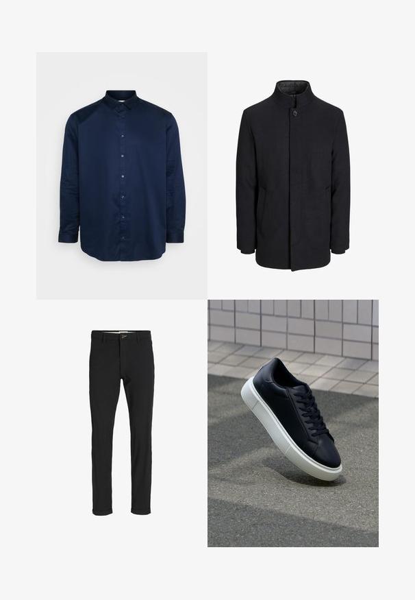 Cappotto da uomo in lana nera con colletto alto, zip nascosta, chiusura a un bottone e tasche laterali.; Camicia blu navy con bottoni realizzata in tessuto liscio, caratterizzata da un colletto classico, maniche lunghe e una placca frontale con bottoni abbinati.; Pantaloni neri in cotone misto con vestibilità slim, dotati di chiusura con bottone, tasche e orli arrotolati per un look informale.; Sneaker in pelle nera con punta arrotondata e suola in gomma bianca. Presenta lacci piatti e cuciture minime sulla parte superiore. Suola testurizzata per una migliore aderenza.