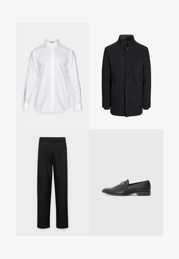 Moška črna volnena jakna z višjim ovratnikom, skritim zadrgo, enojnim gumbom za zapiranje in stranskimi žepi.; Bela srajca z gumbi in klasičnim ovratnikom, dolgi rokavi in ravnim robom. Narejena iz gladkega materiala z vidnimi šivi in gumbi.; Črne hlače iz gladkega materiala, s krojem ravne noge, dvema sprednjima pregiboma in standardnim pasom z zankami za pas.; Črni usnjeni loafer z gladko površino, ki ima šivano zasnovo in dekorativni kovinski verižni naglas preko vampirja. Ravno peto.