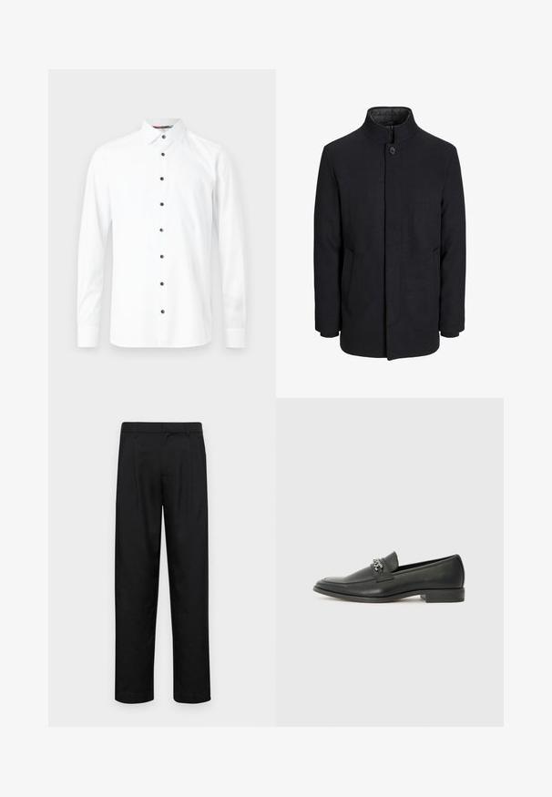 Zwart wollen mannenjas met hoge kraag, verborgen rits, sluiting met één knop en zijzakken.; Witte overhemd met lange mouwen en een button-down kraag, voorzien van zwarte knopen en een gladde textuur. Geen patronen of grafische elementen zichtbaar.; Zwarte broeken van gladde stof, met een recht model, twee voorknikken en een standaard tailleband met riemlussen.; Zwarte leren instapper met een gladde afwerking, voorzien van een gestikt ontwerp en een decoratieve metalen kettingaccent over de wreef. Platte hak.