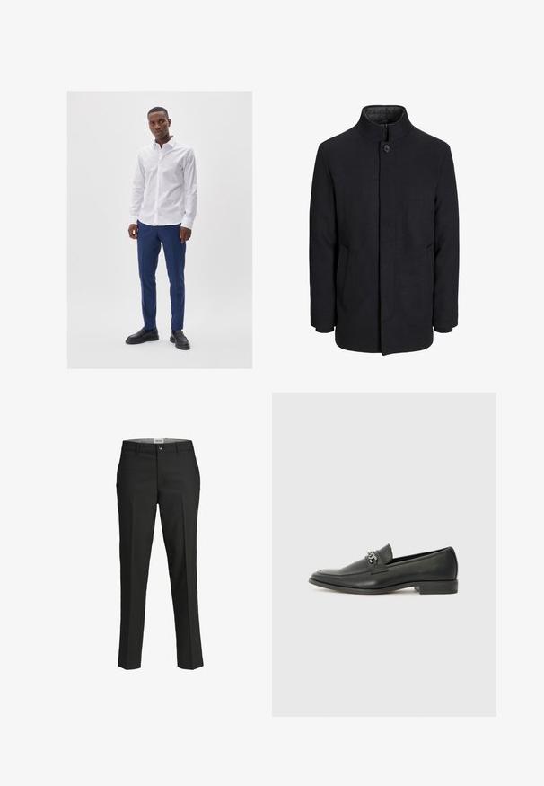 Svart ullrock för män med hög krage, dold dragkedja, singel knappstängning och sidofickor.; Vit skjorta med knappstängning, parat med blå byxor. Modellen bär svarta loafers. Slät tyg och skräddarsydd passform.; Svarta byxor, skräddarsydd passform, slätt tyg, medelhög midja, framknäppning, diagonala fickor och veckdetaljering längs benen.; Svart läderloafers med en slät yta, med en sydd design och en dekorativ metallkedjeaccent över västen. Platt häldesign.