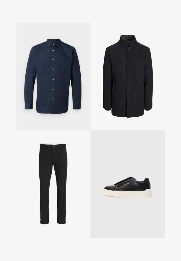 Zwart wollen mannenjas met hoge kraag, verborgen rits, sluiting met één knop en zijzakken.; Navyblauwe longsleeve shirt van glad katoen met een spread collar, een knoopsluiting aan de voorkant en knoopmanchetten. Geen zichtbare patronen.; Zwarte katoenen broek van een katoenmix met een slim fit, voorzien van een knoopsluiting, zakken en opgerolde mouwen voor een casual afwerking.; Zwarte slip-on sneaker met een gestructureerde leren bovenkant, witte rubberen zool en geen zichtbare veters. Beschikt over het merkembleem aan de zijkant.