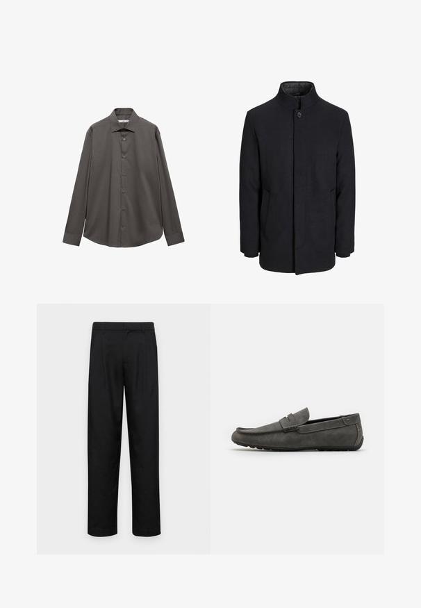 Muški crni vuneni kaput s visokim ovratnikom, skrivenim patentnim zatvaračem, jednim gumbom za zatvaranje i bočnim džepovima.; Dugog rukav majica u tamnosivoj boji, izrađena od glatkog materijala. Ima ovratnik, dugmad sprijeda i zakrivljen rub s opuštenim krojem.; Crne hlače od glatkog materijala, s dizajnom ravnih nogavica, dva prednja nabora i standardnim pojasom s petljama za remen.; Sivi nubuk mokasina s ravnim nosom, sa ušivenim detaljima i ravnim gumenenim potplatom. Cipela ima glatku teksturu i naglasak u obliku prednje trake.