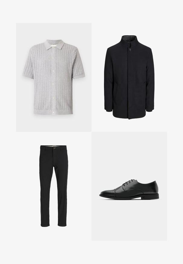 Zwart wollen mannenjas met hoge kraag, verborgen rits, sluiting met één knop en zijzakken.; Grijze gebreide polo met korte mouwen, voorzien van een textuurpatroon, vijf knopen aan de voorkant en een zachte kraag.; Zwarte katoenen broek van een katoenmix met een slim fit, voorzien van een knoopsluiting, zakken en opgerolde mouwen voor een casual afwerking.; Zwarte leren dresschoenen met een ronde neus, vetersluiting, subtiele stiksels en een lage hak. Glad oppervlak met gepolijste afwerking.