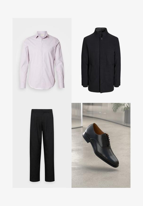 Zwart wollen mannenjas met hoge kraag, verborgen rits, sluiting met één knop en zijzakken.; Lichtroze langemouwen shirt met kleine witte stippen, met knoopsluiting en afgeronde zoom. Gemaakt van een gladde stof met een subtiele glans.; Zwarte broeken van gladde stof, met een recht model, twee voorknikken en een standaard tailleband met riemlussen.; Zwarte leren dresschoenen met een gladde afwerking, spitse neus en vetersluiting. Kenmerkt zich door een subtiele stiksels langs de zool.