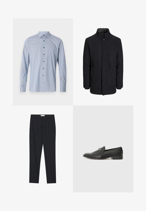 Herren schwarzer Wollmantel mit hohem Kragen, verdecktem Reißverschluss, einreihigem Knopfverschluss und Seitentaschen.; Helles blaues Langarmhemd mit geometrischem Muster, Button-Down-Kragen und kontrastierenden blauen Knöpfen auf einem strukturierten Stoff.; Schwarze maßgeschneiderte Hose mit flachem Vorderteil, normaler Passform, aus glattem Stoff, mit gebügelten Falten und Seitentaschen.; Schwarzer Lederloafer mit glatter Oberfläche, ausgestattet mit einer gesteppten Gestaltung und einem dekorativen Metallkettendetail über dem Vorderblatt. Flacher Absatz.