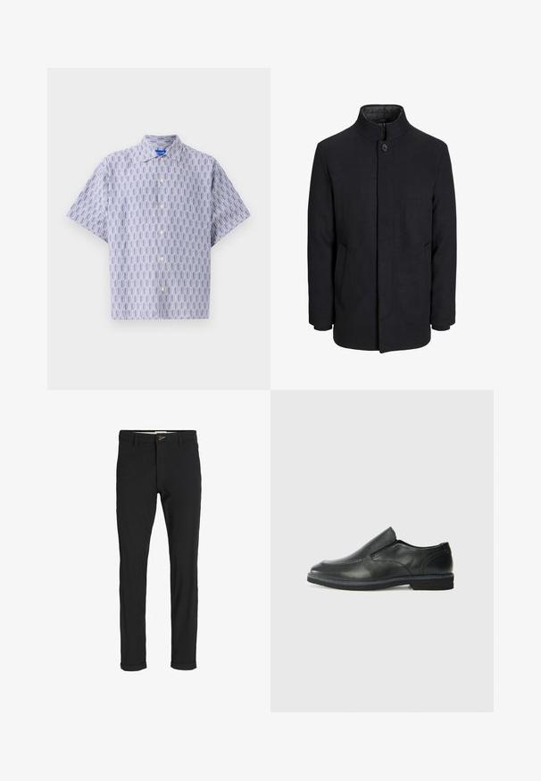 Zwart wollen mannenjas met hoge kraag, verborgen rits, sluiting met één knop en zijzakken.; Korte mouwen overhemd met knopen in lichtblauw met een donkerblauw geometrisch patroon. Voorzien van een kraag en een ontspannen pasvorm. Gemaakt van lichtgewicht stof.; Zwarte katoenen broek van een katoenmix met een slim fit, voorzien van een knoopsluiting, zakken en opgerolde mouwen voor een casual afwerking.; Zwarte leren instapper met een soepele bovenkant, gestikte accenten, ronde neus en een lage rubberen hak. De zool heeft minimale profiel.