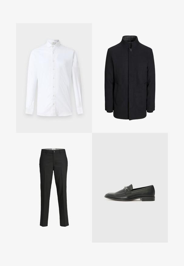 Muški crni vuneni kaput s visokim ovratnikom, skrivenim patentnim zatvaračem, jednim gumbom za zatvaranje i bočnim džepovima.; Bijela košulja dugih rukava s gumbima, izrađena od pamuka, s klasičnom ovratnikom, ravnim krojem i glatkom teksturom s usklađenim gumbima.; Crne hlače, krojene u prilagodljivom fitu, glatka tkanina, srednji struk, prednje kopčanje na dugme, dijagonalni džepovi i pregibi duž nogu.; Crna kožna loafer cipela s glatkom finišem, s ušivenim uzorkom i dekorativnim metalnim lancem preko prednjeg dijela. Ravni potplat.