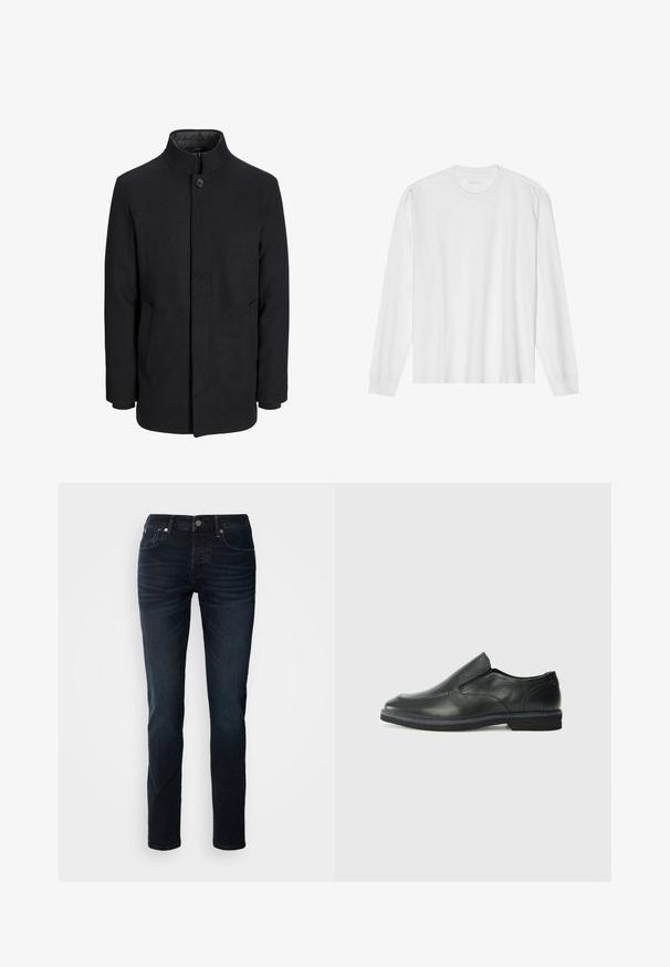 Férfi fekete gyapjú kabát magas gallérral, rejtett cipzárral, egy gombos záródással és oldalzsebekkel.; Hosszú ujjú fehér pamut póló, kerek nyakkivágással és bordázott mandzsettákkal. Egyszerű, díszítés nélküli dizájn, sima tapintással és normál fazonnal.; Sötétkék farmernadrág egyenes lábú szabással, öt zsebes kialakítással és látható varrásokkal; cipzáros sliccel és gombos záródással rendelkezik.; Fekete bőr, slip-on cipő sima felsőrésszel, varrott díszítéssel, lekerekített orral és alacsony gumitalppal. A talpa minimális bordázattal rendelkezik.