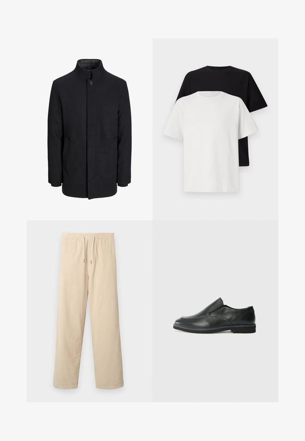 Men's black wool coat with high collar, concealed zipper, single button closure, and side pockets.; Cotton t-shirt set featuring a black top and a white top, both with short sleeves, round neckline, and standard fit. Textured fabric.; Beige corduroy pants with an elastic waistband and drawstring, featuring wide legs and vertical ribbed texture.; Black leather slip-on shoe with a smooth upper, stitched accents, rounded toe, and a low rubber heel. Sole features minimal tread.