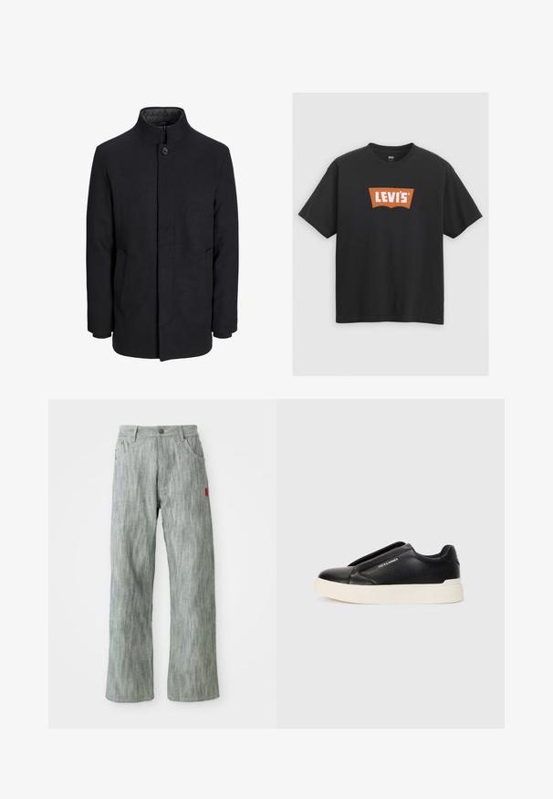 Vyriškas juodas vilnonis paltas su aukštu apykakle, užslėptu užtrauktuku, vienu užsegimu ir šoninėmis kišenėmis.; Juodas medvilninis marškinėlis, turintis didelį oranžinį Levi's logotipą priekyje, trumpomis rankovėmis ir apvaliu kaklu.; Šviesiai pilkos tiesių kojų džinsinės kelnės su priekinėmis ir užpakalinėmis kišenėmis, mygtuko uždarymu ir maža raudona audinio etikete dešinėje pusėje.; Juodi slip-on sportbačiai su tekstūruota odos viršutine dalimi, balta gumine padai ir be matomų raištelių. Šone yra prekės ženklo logotipas.
