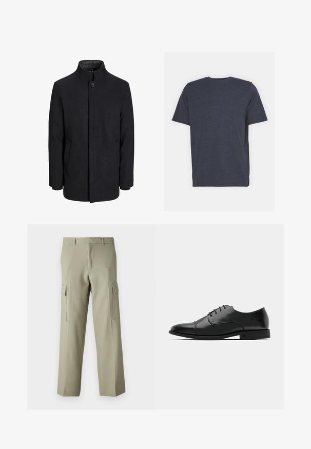 Palton negru din lână pentru bărbați, cu guler înalt, fermoar ascuns, închidere cu un singur buton și buzunare laterale.; Tricou albastru marin cu guler rotund, fabricat dintr-un amestec de bumbac moale, cu mâneci scurte și o croială obișnuită. Fără modele sau accente vizibile.; Pantaloni cargo verzi deschis cu un design cu picioare drepte, având buzunare laterale și o textură netedă a materialului. Vedere din spate.; Pantofii negri din piele, cu vârful rotunjit, design cu șireturi, detalii de cusătură subtile și toc joasă. Textura netedă cu un finisaj lustruit.