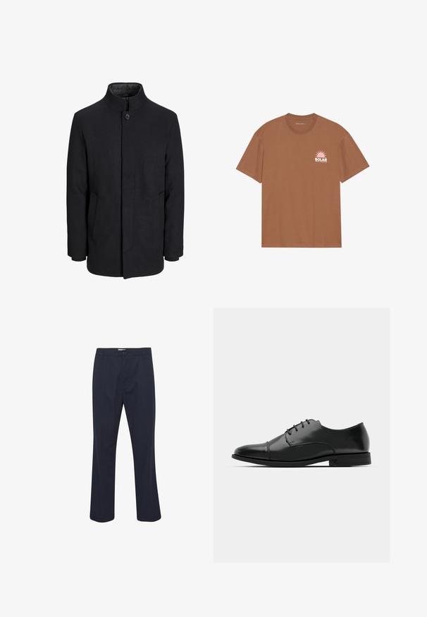 Pánský černý vlněný kabát s vysokým límcem, skrytým zipem, zapínáním na jeden knoflík a bočními kapsami.; Hnědé tričko s krátkým rukávem vyrobené z bavlny, s růžovou grafikou slunce a textem "SOLAR" na levé kapse. Design s kulatým výstřihem.; Námořnické modré kalhoty z látky s podílem bavlny, s knoflíkovým zapínáním, plochým předním dílem, rovnými nohavicemi a bočními kapsami.; Černé kožené společenské boty s kulatou špičkou, šněrováním, jemnými švy a nízkým podpatkem. Hladký povrch s lesklým finišem.