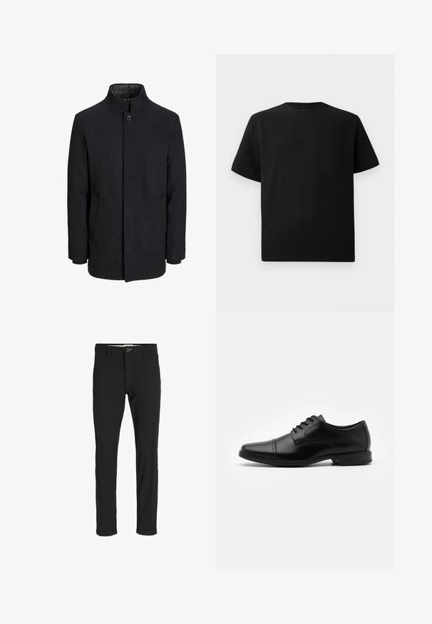 Férfi fekete gyapjú kabát magas gallérral, rejtett cipzárral, egy gombos záródással és oldalzsebekkel.; Fekete, rövid ujjú póló texturált anyagból, kerek nyakkivágással és laza fazonnal. Egyszerű, minta és díszítés nélkül.; Fekete pamut keverék nadrág, slim fit szabással, gombos záródással, zsebekkel és felgöngyölt szárakkal a laza végeredményért.; Fekete bőr alkalmi cipő hegyes orral, fűzős kivitelben, finom varrási részletekkel és alacsony, mintás gumitalppal.