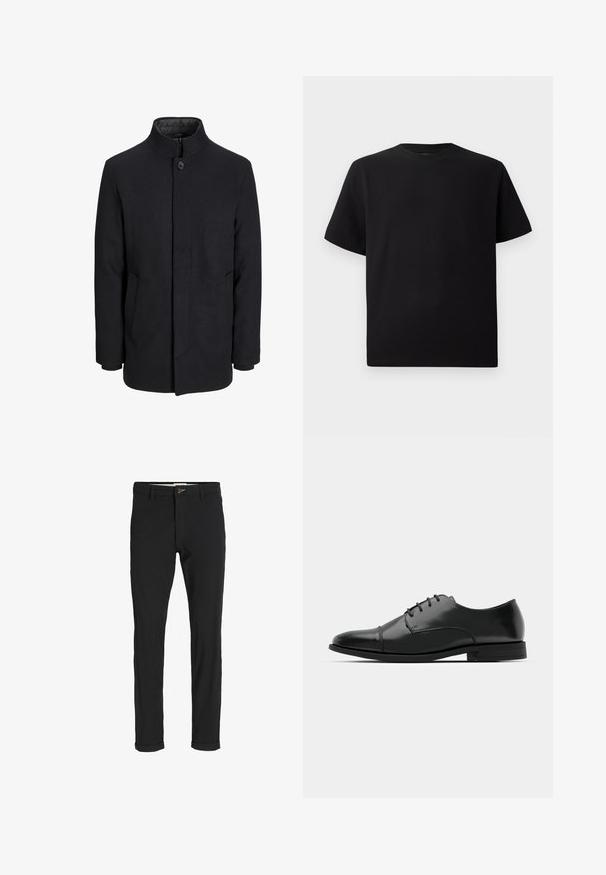 Miestenský čierny vlnený kabát s vysokým golierom, skrytým zipsom, jedným gombíkom na zapínanie a bočnými vreckami.; Mustat lyhyet hihattomat T-paidat, jotka on valmistettu teksturoidusta kankaasta. Pyöreä pääntie ja rento istuvuus. Yksinkertainen, ilman kuvioita tai yksityiskohtia.; Mustat puuvillasekoitehousut, joissa on slim fit -leikkaus, napitus, taskut ja käärityt lahkeet rentoa ilmettä varten.; Musta nahkakengät, joissa on pyöristetty varvas, nauhakiinnitys, hienovaraiset ompeluyksityiskohdat ja matala korko. Sujuva pinta kiillotetulla viimeistelyllä.