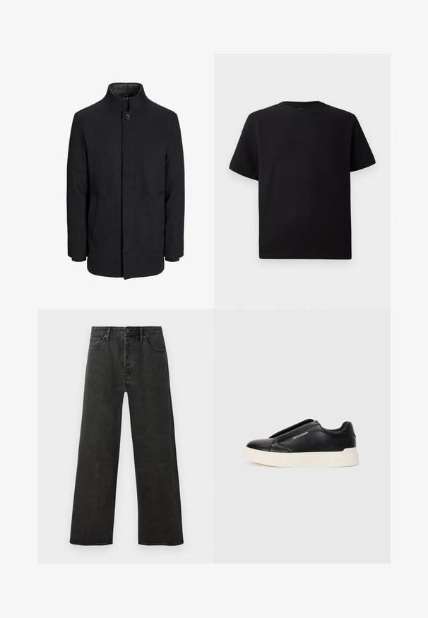 Men's black wool coat with high collar, concealed zipper, single button closure, and side pockets.; Black short-sleeve T-shirt made of textured fabric, featuring a round neckline and a relaxed fit. Simple, no patterns or accents.; Black high-waist straight-leg denim jeans with front button, zip closure, and five-pocket design on a white background.; Black slip-on sneaker with textured leather upper, white rubber sole, and no visible laces. Features brand logo on the side.