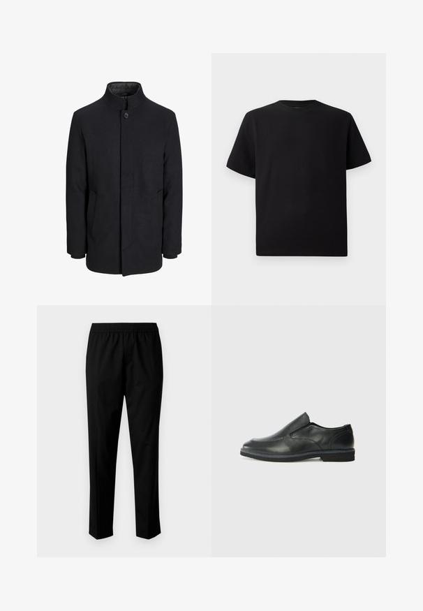 Zwart wollen mannenjas met hoge kraag, verborgen rits, sluiting met één knop en zijzakken.; Zwarte T-shirt met korte mouwen van gemerceriseerd stof, met een ronde halslijn en een relaxte pasvorm. Eenvoudig, zonder patronen of accenten.; Zwarte broek met een elastische tailleband, met een rechte pijpdesign. De stof lijkt glad met een matte textuur, zonder zichtbare patronen.; Zwarte leren instapper met een soepele bovenkant, gestikte accenten, ronde neus en een lage rubberen hak. De zool heeft minimale profiel.