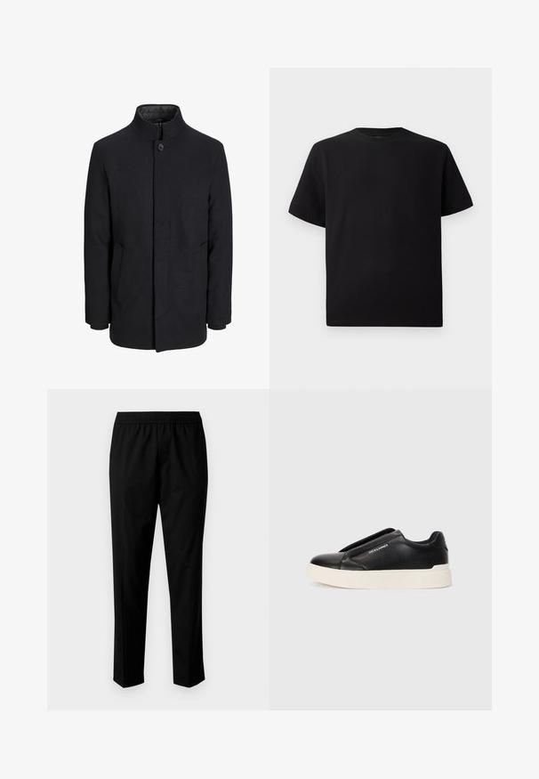 Férfi fekete gyapjú kabát magas gallérral, rejtett cipzárral, egy gombos záródással és oldalzsebekkel.; Fekete, rövid ujjú póló texturált anyagból, kerek nyakkivágással és laza fazonnal. Egyszerű, minta és díszítés nélkül.; Fekete nadrág, rugalmas derékkal, egyenes szárú kialakítással. Az anyag sima, matt textúrával rendelkezik, nincsenek látható minták.; Fekete slip-on sneaker, textúrált bőrfelsővel, fehér gumitalppal és láthatatlan fűzőkkel. Az oldalon a márka logója található.