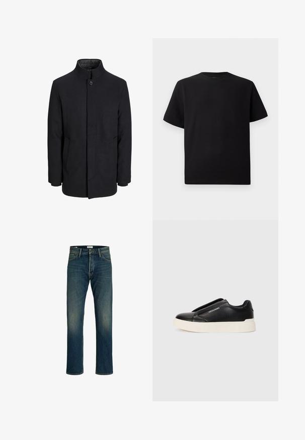 Men's black wool coat with high collar, concealed zipper, single button closure, and side pockets.; Black short-sleeve T-shirt made of textured fabric, featuring a round neckline and a relaxed fit. Simple, no patterns or accents.; Denim jeans featuring a medium blue wash, straight-leg cut, classic five-pocket design, and light fading on the thighs for texture.; Black slip-on sneaker with textured leather upper, white rubber sole, and no visible laces. Features brand logo on the side.