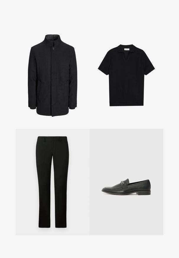 Férfi fekete gyapjú kabát magas gallérral, rejtett cipzárral, egy gombos záródással és oldalzsebekkel.; Fekete, rövid ujjú pólóing texturált, bordázott anyagból, v-nyakkivágással és egyenes aljjal. Nincsenek látható logók vagy minták.; Fekete nadrág, amely testre szabott fazonú, sima textúrával és egyenes lábformával rendelkezik. A derékrészén övhurkok találhatóak, és letisztult kidolgozású.; Fekete bőr loaferek sima felülettel, varrott mintával és díszítő fém lánccal a cipő elején. Lapos sarok.