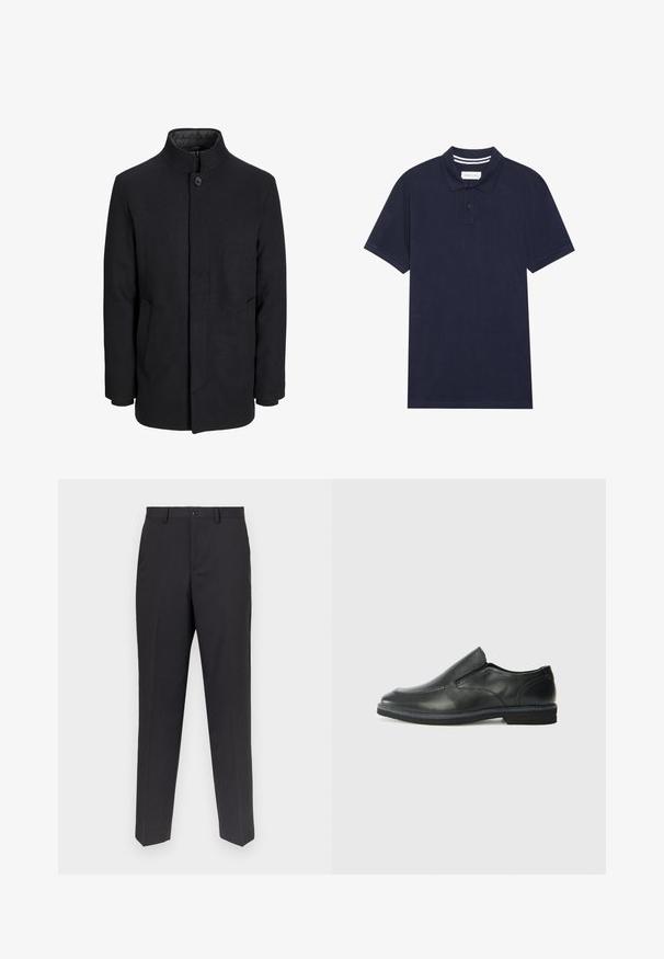 Muški crni vuneni kaput s visokim ovratnikom, skrivenim patentnim zatvaračem, jednim gumbom za zatvaranje i bočnim džepovima.; Polo majica tamnoplave boje od teksturiranog materijala, s tri dugmeta na prednjem dijelu, kratkim rukavima i detaljima na ovratniku u prugama.; Tamno sivi hlače, izrađene od glatkog materijala, sa dizajnom ravnih nogavica, prednjim džepovima i jednim dugmetom za zatvaranje.; Crne kožne cipele na sklapanje s glatkom gornjom površinom, prošivenim detaljima, zaobljenim vrhom i niskim gumene potplate. Potplat ima minimalne uzorke.