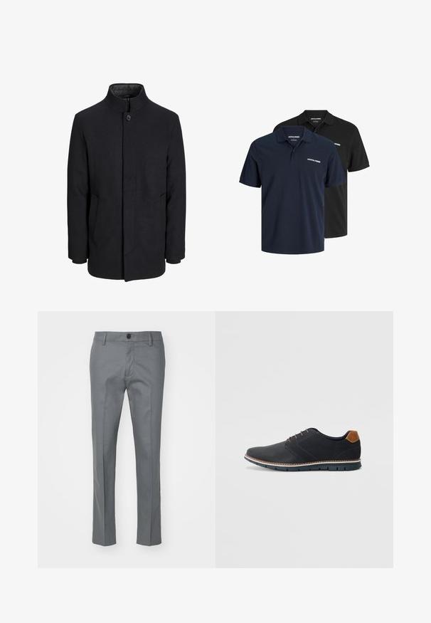 Men's svart ullfrakk med høy krage, skjult glidelås, en knapp lukking og sidelommer.; To polo skjorter: en marineblå med hvit logo og en svart. Begge har klassisk krage og korte ermer, laget av lett stoff.; Grå bukser laget av glatt stoff, med rett ben-design, en enkelt frontknapp og diskrete sidelommer for funksjonalitet.; Sorte syntetiske sko med en teksturert overdel, glatte detaljer, brun hæl og en kontrastfarge på sålen. Har minimalt snøring og sømdetaljer.