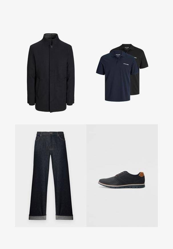 Muški crni vuneni kaput s visokim ovratnikom, skrivenim patentnim zatvaračem, jednim gumbom za zatvaranje i bočnim džepovima.; Dvije polo majice: jedna tamnoplava s bijelim logom i jedna crna. Obje imaju klasičan ovratnik i kratke rukave, izrađene su od laganog materijala.; Tamne široke tamne traperice sa manžetom na rubu, zatvaranjem na dugme i prednjim džepovima. Tkanina ima glatku teksturu s neprimjetnim šavovima.; Crne sintetičke cipele s teksturiranim gornjim dijelom, glatkim akcentima, smešnim petom i kontrastnom potplatom. Imaju minimalne vezice i detalje šivanja.