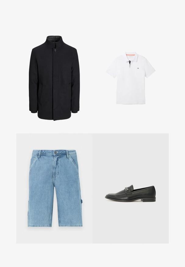 Svart ullrock för män med hög krage, dold dragkedja, singel knappstängning och sidofickor.; Vit polo tröja med svart krage och orangea detaljer, korta ärmar och en liten logotyp på bröstet. Tillverkad av ett andningsbart bomullsblandning.; Ljusblå denimshorts med rak passform, som har framfickor och en sidoficka, med en urtvättad textur och bälteshällor i midjan.; Svart läderloafers med en slät yta, med en sydd design och en dekorativ metallkedjeaccent över västen. Platt häldesign.