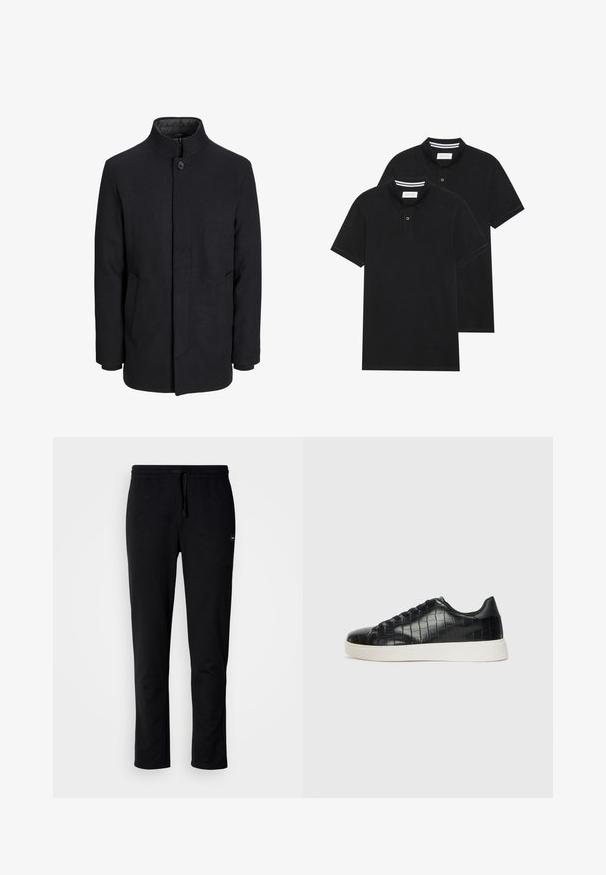 Muški crni vuneni kaput s visokim ovratnikom, skrivenim patentnim zatvaračem, jednim gumbom za zatvaranje i bočnim džepovima.; Dva crna polo majice, kratki rukavi, pamučni materijal, sa klasičnom ovratnikom, čepom sa dva gumba i bijelim prugastim detaljima unutar ovratnika.; Crne trenerice od mekog materijala, s elastičnim pojasom i vezicom te uskim krojem. Nema vidljivih uzoraka ili akcenta.; Crne tenisice s teksturiranom gornjom površinom od kože s uzorkom krokodila, zaobljenim vrhom i kontrastnom bijelom gumenom potplatom s glatkom završnom obradom.