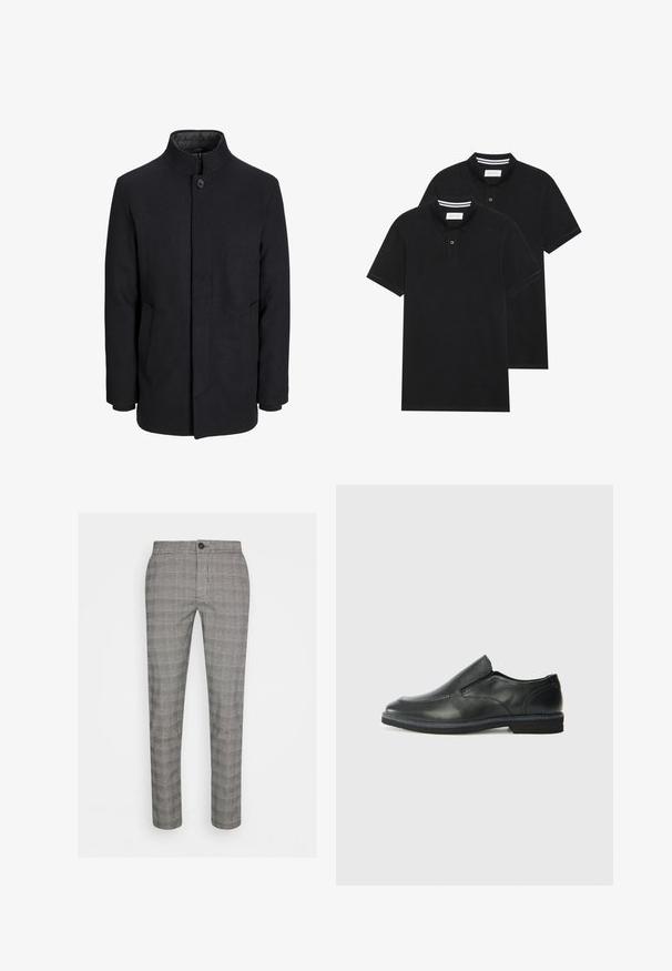 Svart ullrock för män med hög krage, dold dragkedja, singel knappstängning och sidofickor.; Två svarta polo t-shirts, kortärmade, i bomullsmaterial, med en klassisk krage, tvåknappsslutning och vita randiga accenter inuti kragen.; Grå rutiga byxor med rak bendesign, tillverkade av lättviktigt tyg. Har en enkel knappstängning och subtil textur.; Svart lädersko i slip-on-modell med en slät ovandel, sömnadsdetaljer, rund tå och låg gummihäl. Sulan har minimal mönstring.