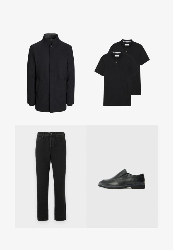 Vyriškas juodas vilnonis paltas su aukštu apykakle, užslėptu užtrauktuku, vienu užsegimu ir šoninėmis kišenėmis.; Du žaidimų juodos polo marškiniai, trumpomis rankovėmis, pagaminti iš medvilnės, su klasikinėmis apykaklėmis, dviem mygtukais priekyje ir baltais dryžiais apykaklės viduje.; Juodos tiesios kojelės džinsai su priekiniais mygtukais ir užtrauktuku, diržo kilputėmis ir penkių kišenių dizainu, pristatyti baltoje fone.; Juodai odiniai įtvirtinimo batai su lygiu paviršiumi, siuvinėjimo akcentais, apvalia nosimi ir žemu guminiu kulnu. Pado raštas minimalus.