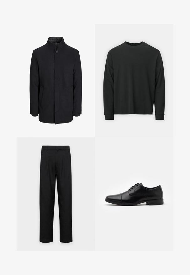 Zwart wollen mannenjas met hoge kraag, verborgen rits, sluiting met één knop en zijzakken.; Zwarte longsleeve T-shirt van katoen, met een ronde halslijn, een losse pasvorm en geribbelde boorden. Glad oppervlak zonder zichtbare patronen.; Zwarte broeken van gladde stof, met een recht model, twee voorknikken en een standaard tailleband met riemlussen.; Zwarte leren dress shoe met een puntige neus, vetersluiting, subtiele stiksels en een lage, leren rubberen zool.